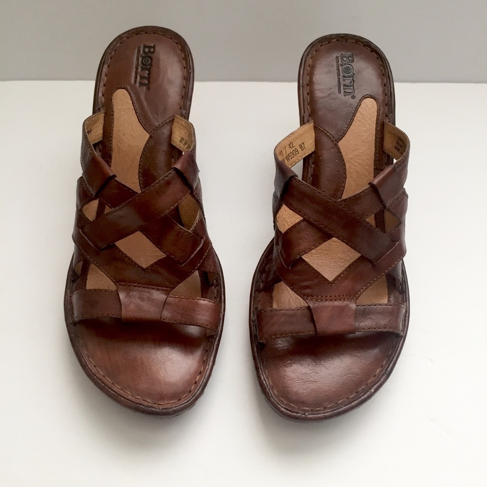 BORN brown leather wedge mules sandal, US 10 EU 40